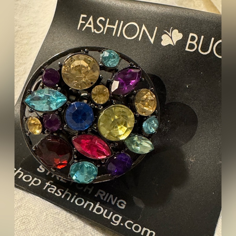 Stretch Ring multicolored rhinestones pewter colored band fashion jewelry NIP